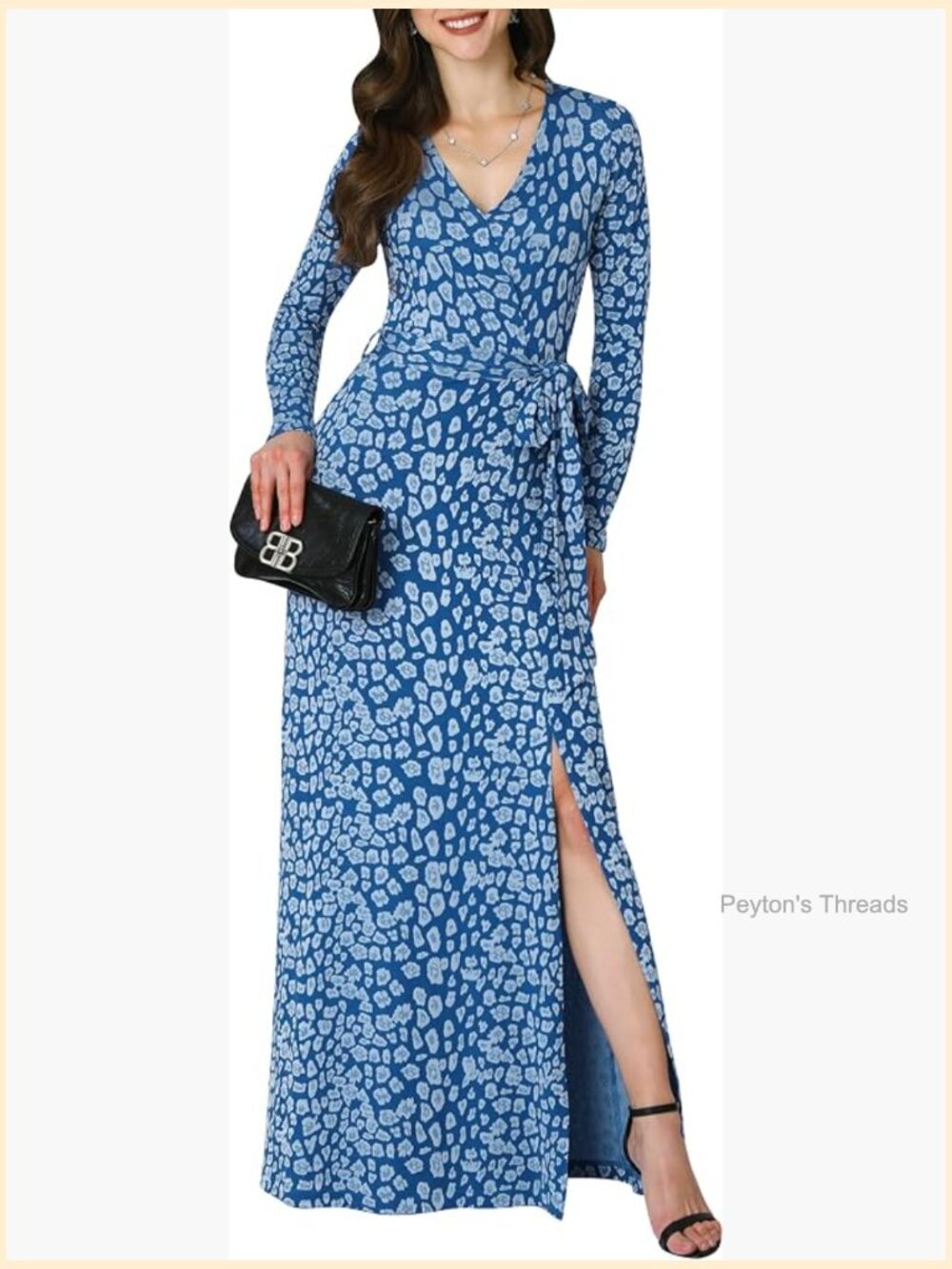 Long Sleeve V-Neck High Slit Maxi Dress with Detachable Belt